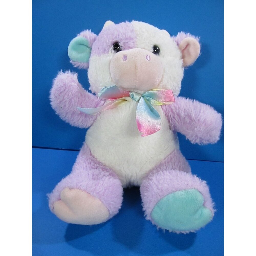 Walmart  Pastel Purple White Plush Cow Stuffed Animal W/Rainbow Bow 9"